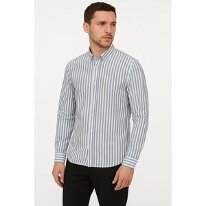 H&M Shirt Men's Size L Blue‎ White Striped Slim Fit Button Down Linen Blend